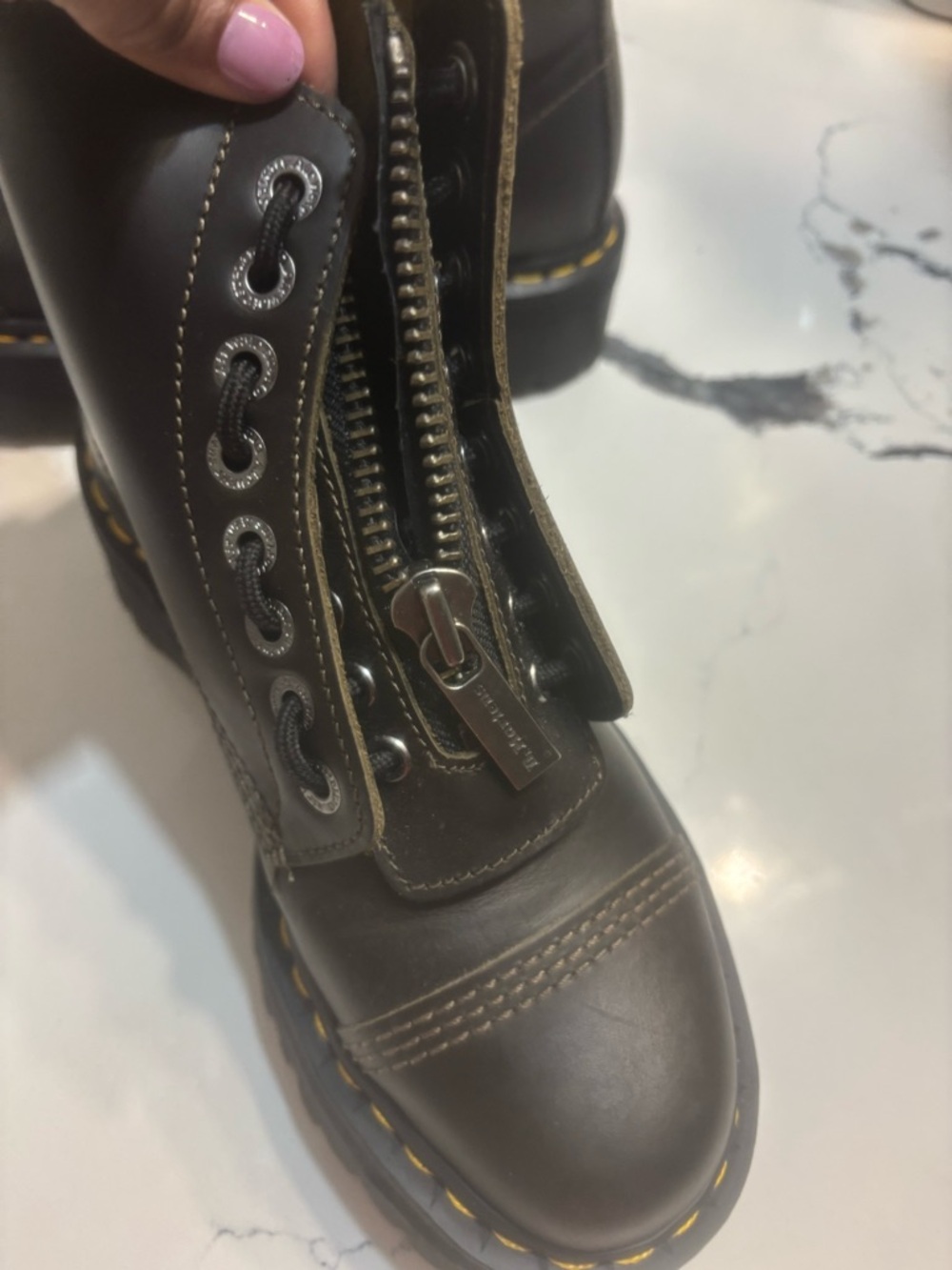 Dr. Martens Black Leather Front-Zip Lace-Up Boots with Yellow Stitching - Picture 6 of 7